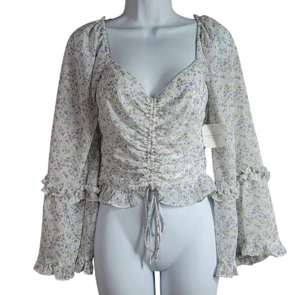 Altar'd State Floral Top Purple Small Ruffle Balloon Bell Sleeve Adj Lined NWT